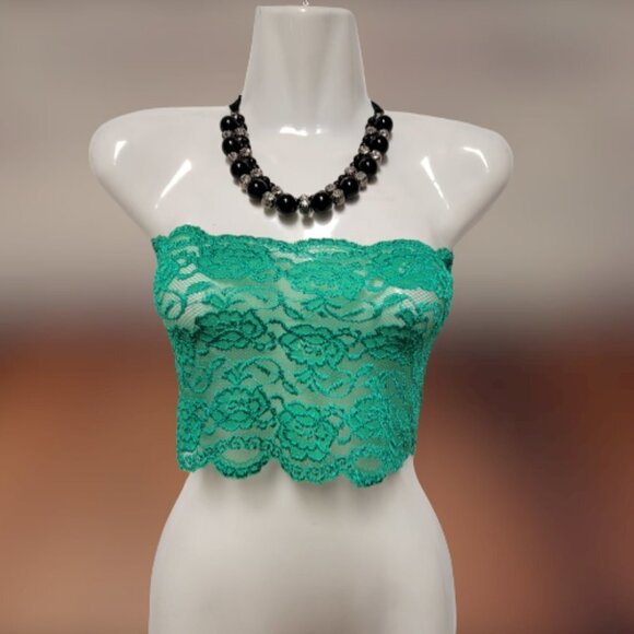 Green See Through Elastic Lace Bandeau Strapless Lace Tube Top Lace Crop Top - Picture 1 of 7